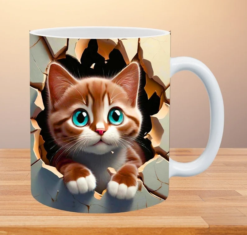 3D Cat Hole In A Wall Design Mug 4941